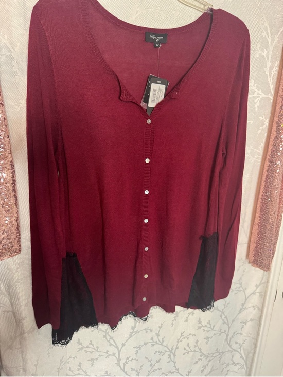 Colour Works Tops - Women's Button-Down Knit Top in Wine with Black Lace Trim